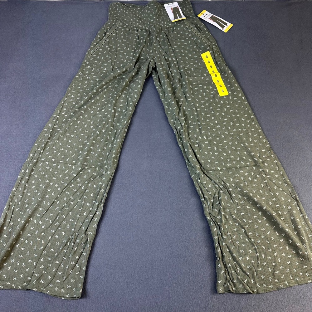Three Dots Olive Green Leaf Print Smocked Wide Leg Pants Small NWT